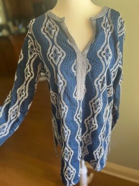 Ingrid Olsen Indigo Embroidered Tunic Top S Boho Artisan Textured Cotton Coastal